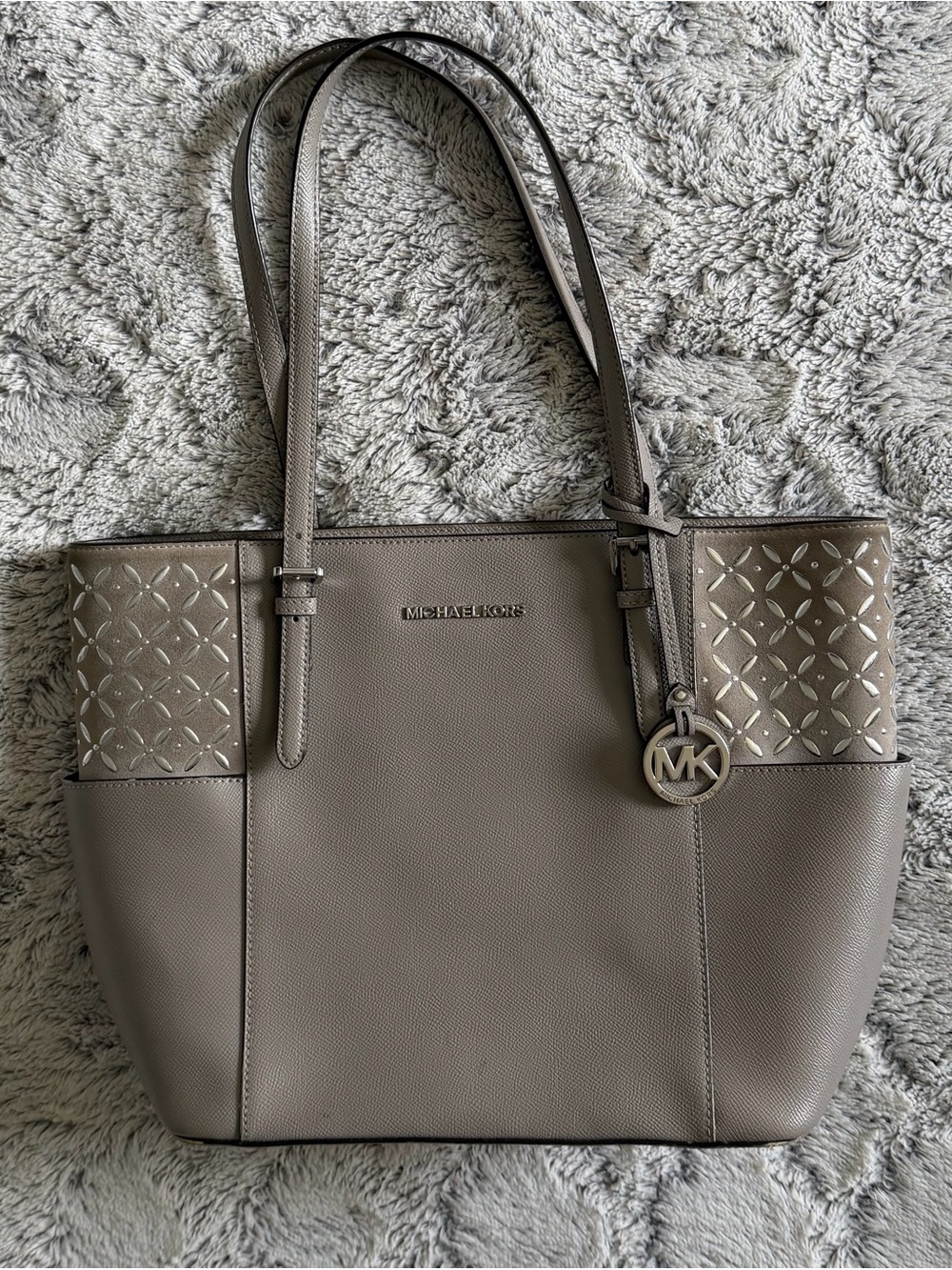 Michael Kors Jet Set Travel Leather Tote Bag Pearl Grey Embellished Accents